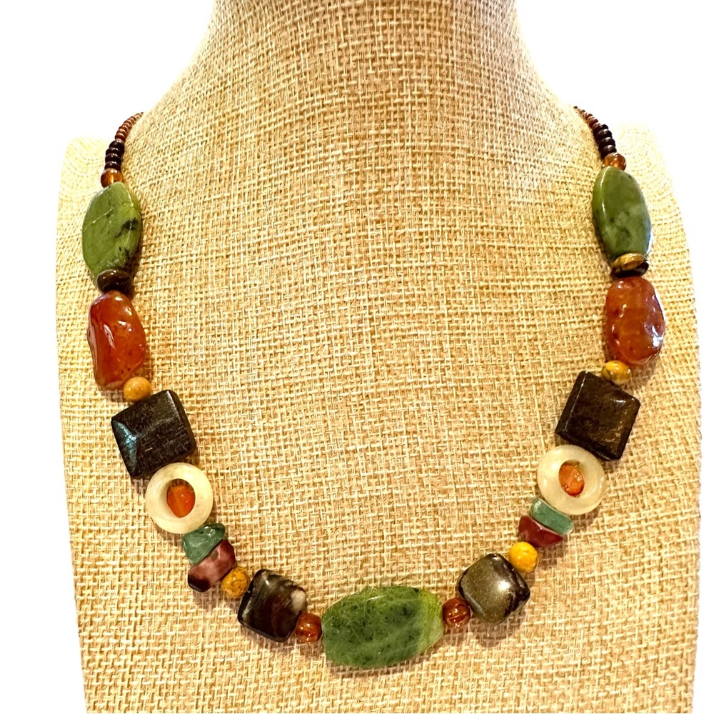 Multi-color Genuine Gemstone Necklace, toggle clasp/ greens, browns, tan, orange